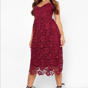 STRAPPY CROCHET LACE SKATER MIDI DRESS, size 10, COLOR RED